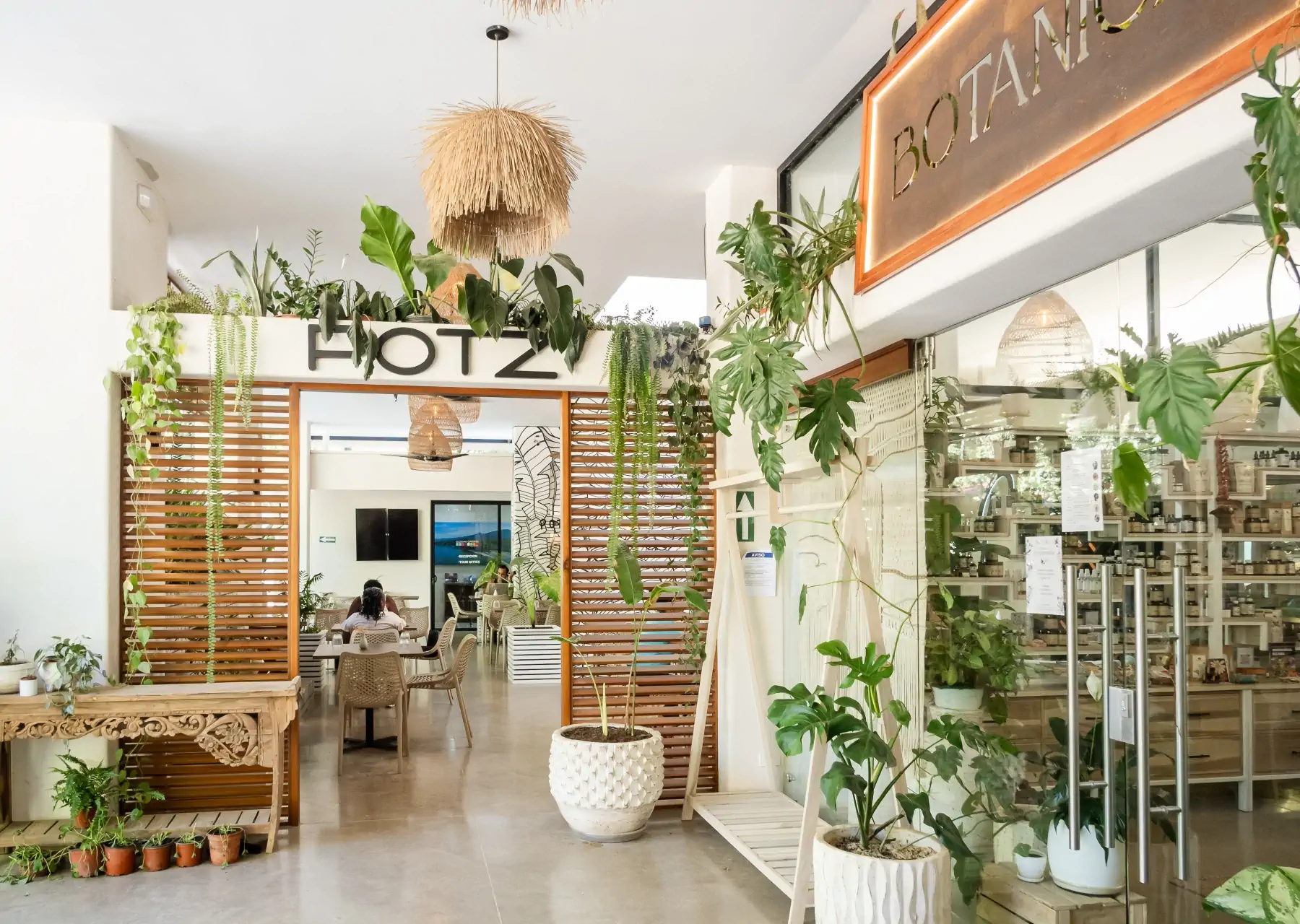 Resort Dining Room with Abundant Tropical Plants and Natural Lighting