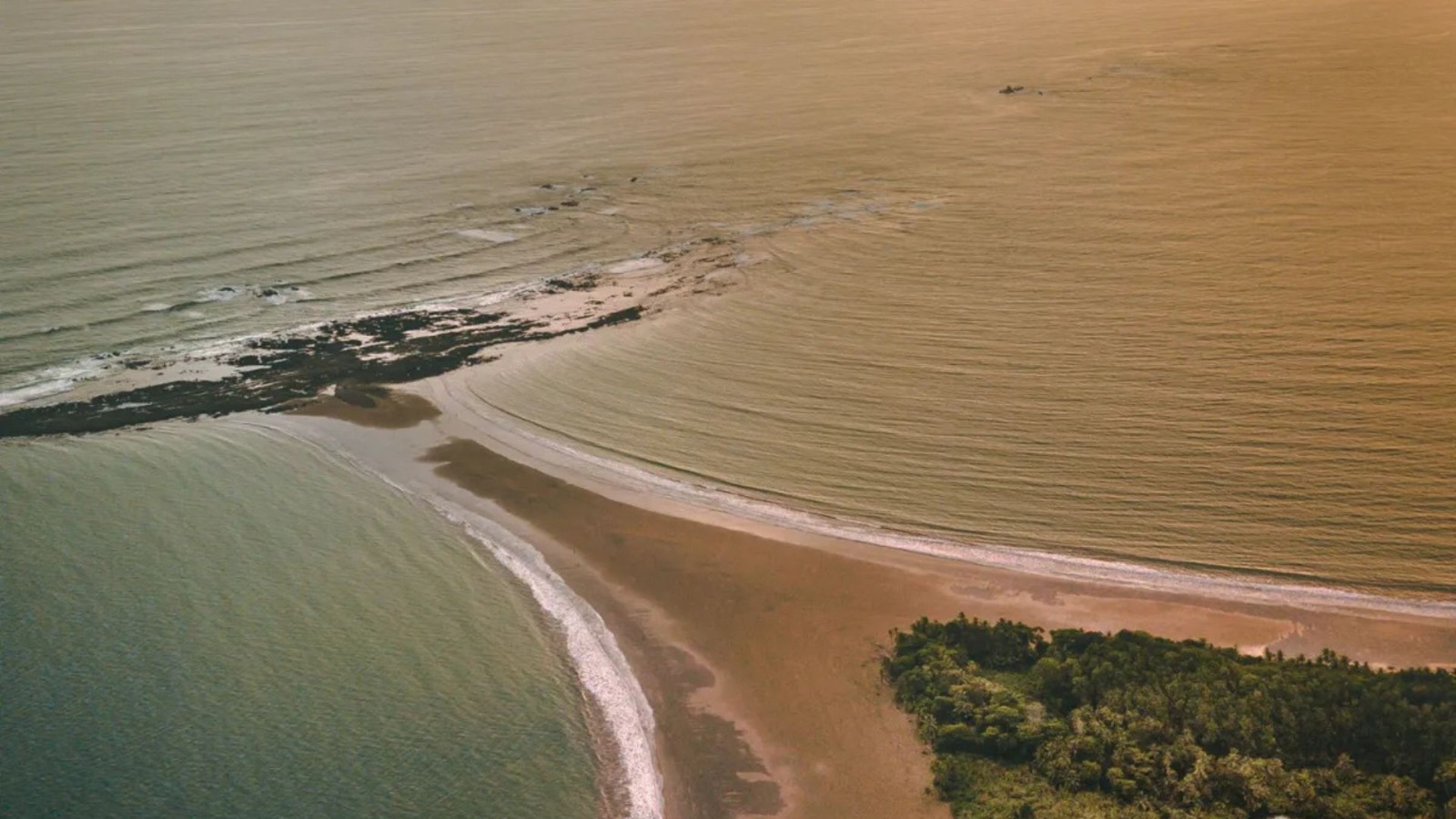 "Aerial view of the Whale's Tail sandbar at Marino Ballena National Park near Ojochal Costa Rica at low tide