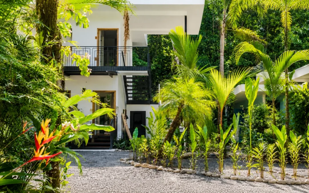 Lush garden pathway between private villas at Ojochal Gardens, downtown Ojochal Costa Rica